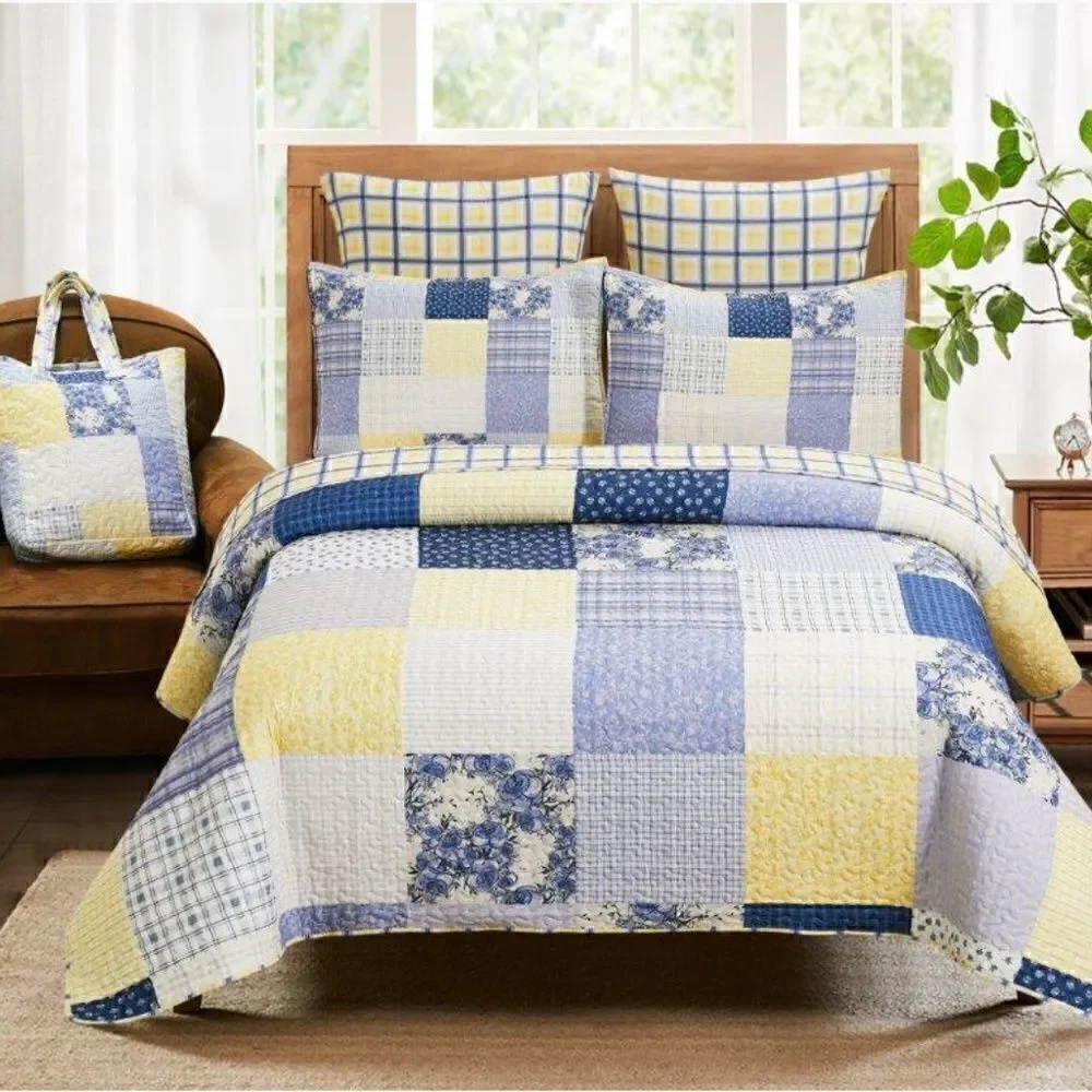 NEW! Garden Blue Bell Printed KING Quilt Set with Bonus Tote Bag Farmhouse